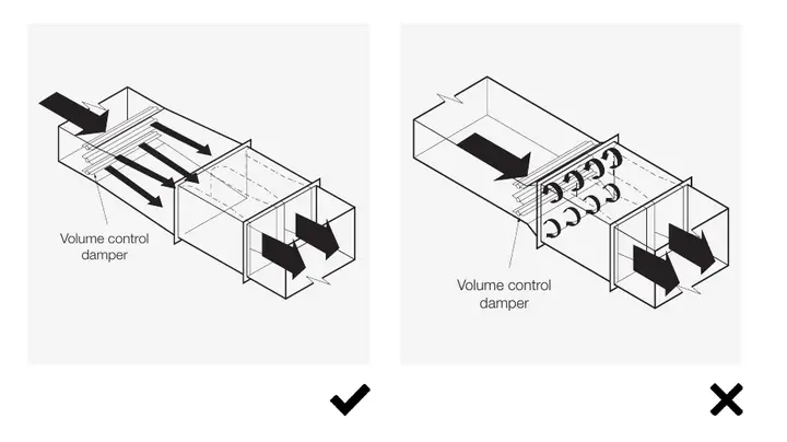 Correct spacing between a volume-control damper and an attenuator